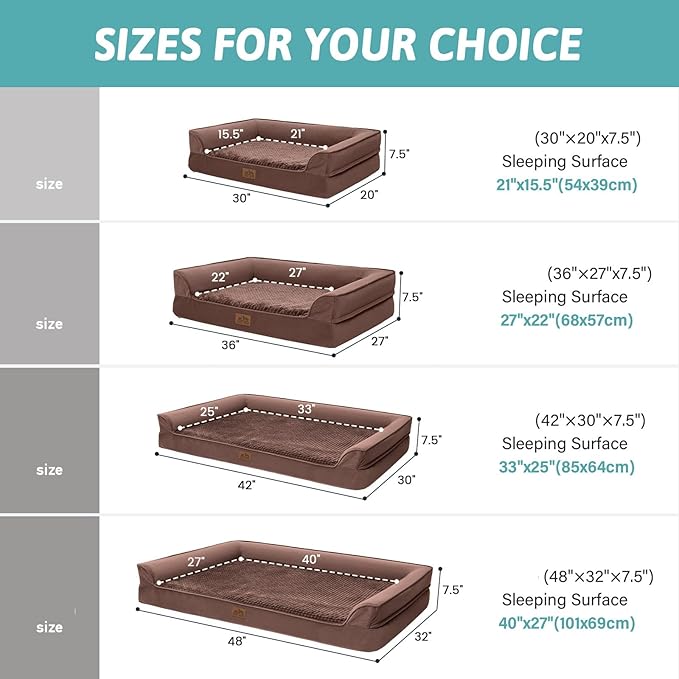 Orthopedic Large Dog Beds, Bolster Pet Couch with Waterproof Lining, Egg Crate Foam Sofa for Pets Up to 65 lbs, U-Shaped, 36x27x7.5 inch, Brown