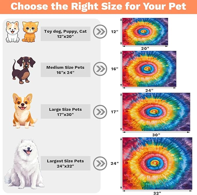Tie Dye Dog Food Mat for Floors Absorbent, Quick Dry Water Dispenser Mat for Food, Water, Pet Supplies 24" x 32", Colorful Rainbow