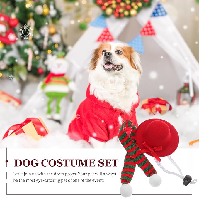 Lurrose Pet Dog Hat and Scarf Set, Small Red Party Hat with Red-Green Knit Scarf 2pcs, Xmas Pet Supplies for Holiday Cosplay and Festive Dress-up
