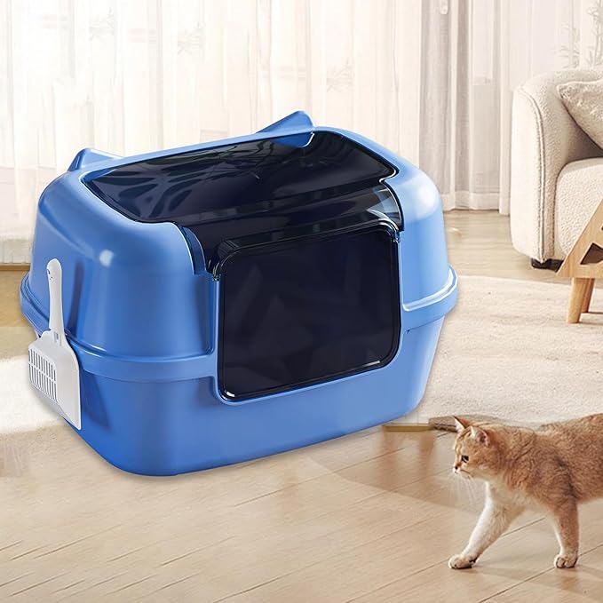 Fully Covered Cat Litter Box Hooded Litter Tray Convertible Potty Pan Easy to Install for Bathroom Home Dormitory- Blue