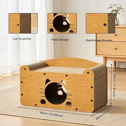 Multi-Function Cat Scratcher House Box,3-in-1 Scratch Pad and Soft Bed & Play Cave with Toys, Durable Build & Ideal for Cats/Kitty (Yellow,FX-SFHXM)