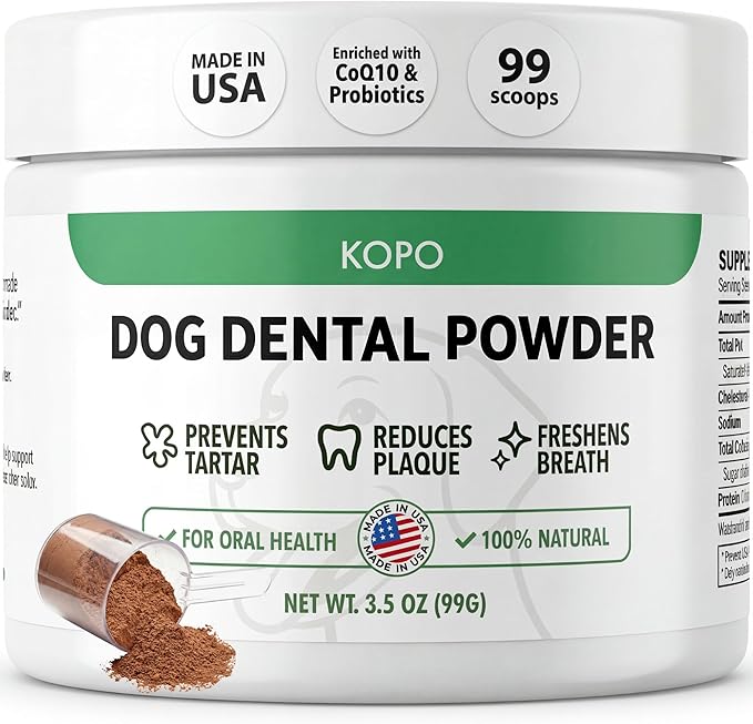Kopo Dog Dental Powder - an Easy Solution for Extreme Bad Dog Breath with Intentionally Chosen Ingredients with Probiotics and Coenzyme Q10 - Made in USA for All Breed Size - Beef Liver Flavor