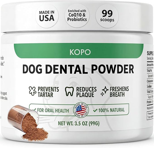 Kopo Dog Dental Powder - an Easy Solution for Extreme Bad Dog Breath with Intentionally Chosen Ingredients with Probiotics and Coenzyme Q10 - Made in USA for All Breed Size - Beef Liver Flavor