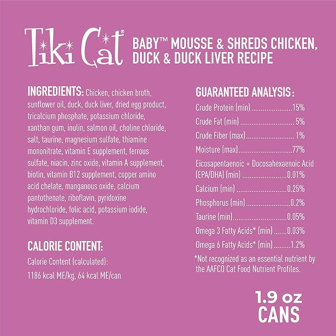 Tiki Cat Baby, Chicken Duck & Duck Liver Mousse & Shreds, High-Protein and Flavorful, Wet Cat Food for Kittens 4 Weeks Plus, 1.9 oz. Cans (Pack of 9)