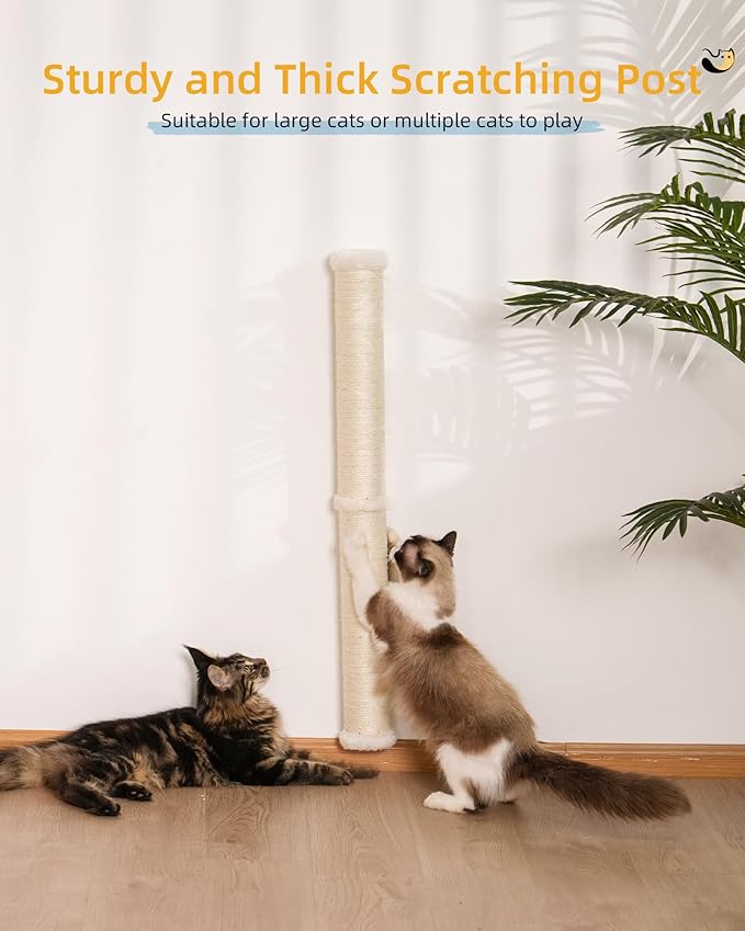 34'' Wall Cat Scratching Post, Wall Mounted Cat Scratcher Furniture for Indoor Active Cats, Tall Sisal Pole for Large Adult Cat Pet Climb Stretch Walk