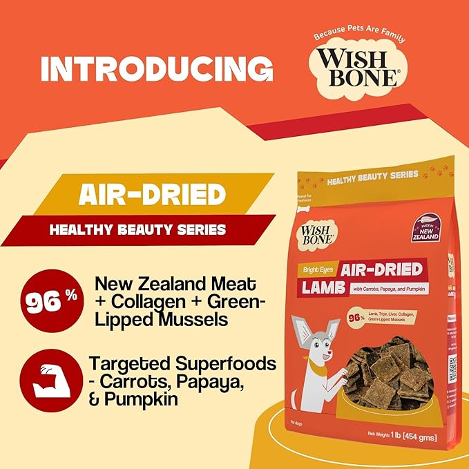 Wishbone Air-Dried Lamb Dog Food - High-Protein Grain-Free Lamb Recipe with Superfoods for Eye & Overall Health, Made in New Zealand - 1lb