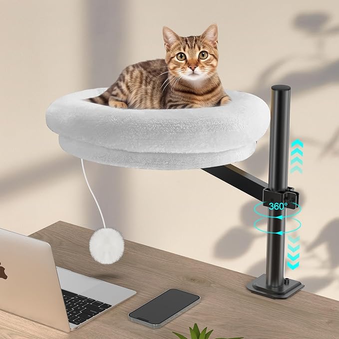 Cat Desk Bed, Pet Cats Desk Table Round Hammock, 360° Rotation & Height Adjustable, Comfortable Washable Soft Pad for Kitten, Metal Frame for Table Mounted Desk Side Pet Perch Bed Furniture