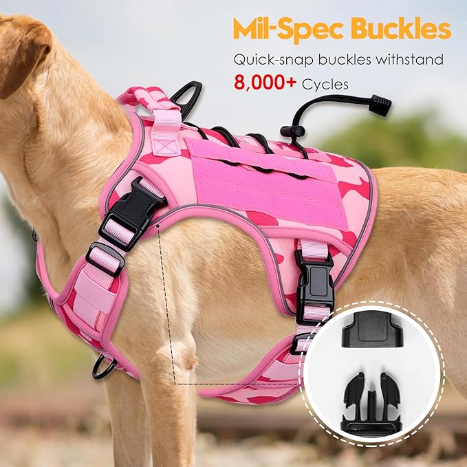 Heavy-Duty Tactical Dog Harness for Large Dogs, No Pull Adjustable Reflective Pet Vest with Molle System, K9 Military-Grade Control for Service Training, Outdoor & 10+ Breeds, Pink Camo, Large