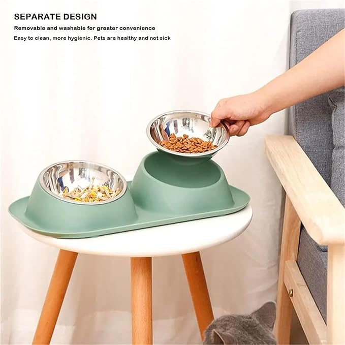 Stable Double Bowls Cat Bowl Stainless Steel Elevated Dog Water Bowl Detachable Prevent Overflow Cat Food Container Pet Supplies(Blue-1)