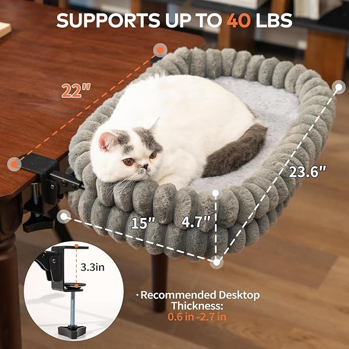 CHEERPALS Cat Desk Bed with Reversible Cushion, 90°Foldable Cat Hammock for Desk Mounted, Suitable for Medium-to-Large Cats and Puppy, Clowd Series(Grey, Large)