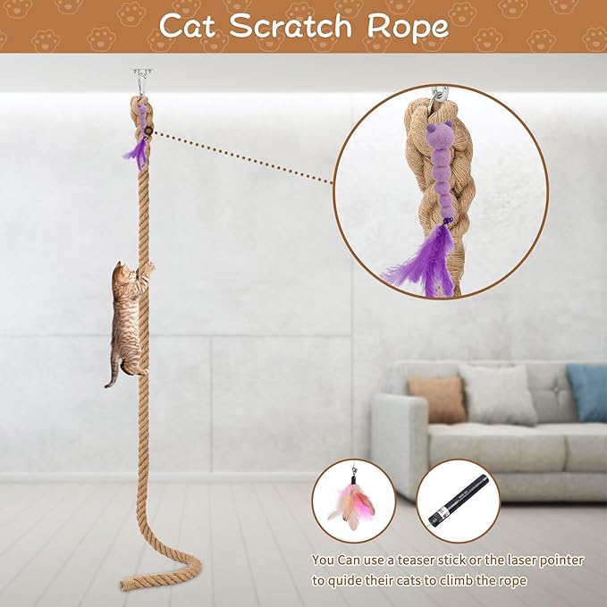 2" x 9.84Ft Cat Climbing Rope with Hook, Natural Cat Climbing Jute Rope for Ceiling and Wall Mounted, Durable Sisal Ropes for Indoor and Outdoor Cats Scratching Playing