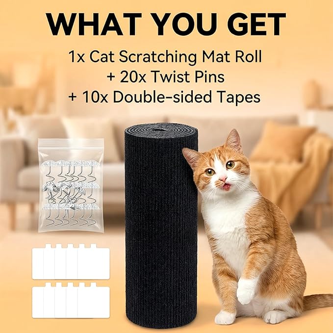 120"x15.8" Cat Scratch Mat Self-Adhesive Cat Scratch Carpet Trimmable Self-Adhesive Carpet Climb-Cat Scratcher for Couch, Sofa, Wall, Door Covering Tower and Replacement Pads (Black)