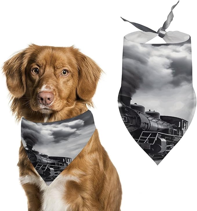 Dog Bandana Spring Pet Scarf Adjustable Triangle Steam Train Clouds Printing Dog Bib Washable Polyester Puppy Bandana for Small Medium Large Dogs Cat Birthday Party Supplies