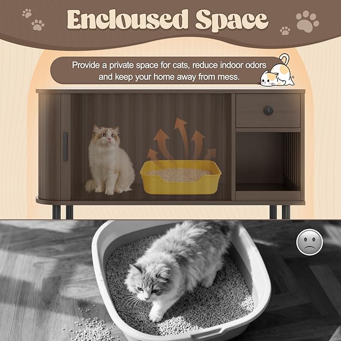 37.4" Cat Litter Box Enclosure with Sliding Door Hidden Cat Litter Box Enclosure and End Table with Drawer Charging Station Modern Accent Cabinet Indoor Kitty House for Living Room Bedroom Brown