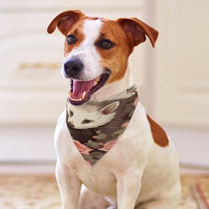 Dog Bandana Spring Pet Scarf Adjustable Triangle Opossum and Roses Printing Dog Bib Washable Polyester Puppy Bandana for Small Medium Large Dogs Cat Birthday Party Supplies