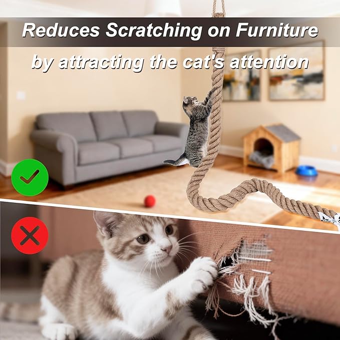 Cat Climbing Rope, Cat Climbing Jute Rope, Wall Mounted Furniture Pole Scratching Post with Hook Screws Clip for Indoor and Outdoor Cats (1.5m / 4.9ft)