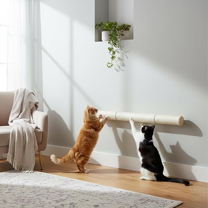 PowerKing 32" Wall Mounted Cat Scratcher,Extra Tall Sisal Cat Scratching Post for Large Indoor Cats, Space-Saving Vertical Wall Cat Climbing Pole with Natural Wood & 360° Rotating Design