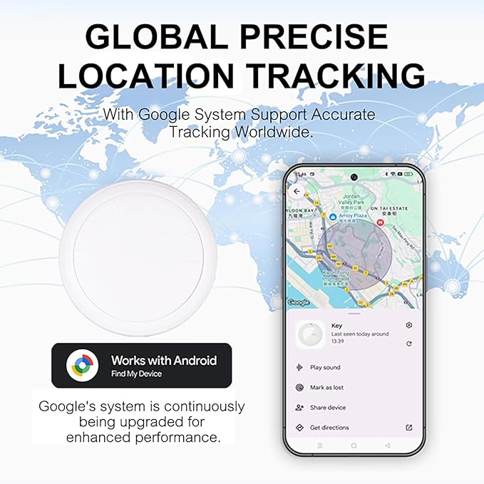 (Android Only) Google Certified Android Tracker, Key Tracking Tag, Item Finder and Wallet Tracker, Works with Google Find My Device App, Smart Tracker Tag for Keys, Luggage, Wallets, Pets (White)