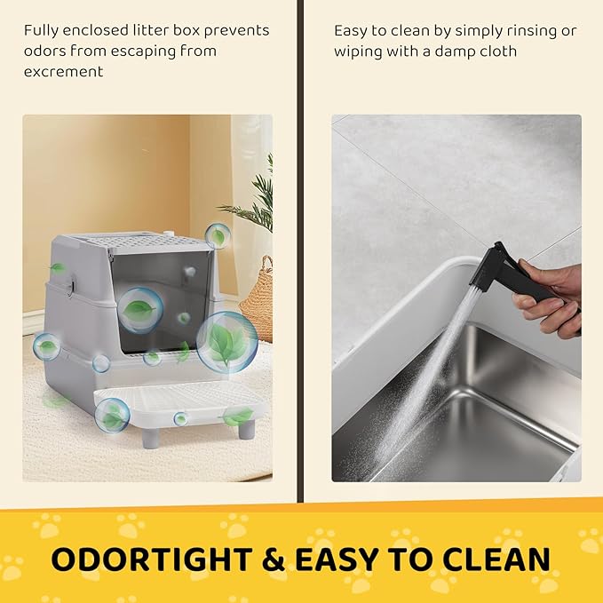 Outvita Stainless Steel Cat Litter Box with Lid 23.6", XL Metal Litter Box with Stair and Litter Scoop for Big Cats, Extra Large High Sided Enclosed, Anti-Leakage, Non-Sticky, Easy Cleaning