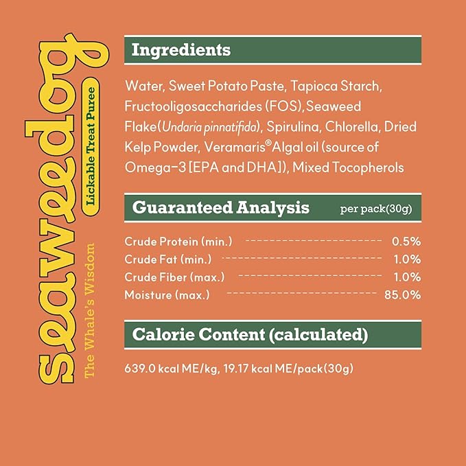 Lickable Puree Tubes for Dogs 10.6 oz, 10 Tubes Vegan Squeeze Treats with Korean Seaweed, Spirulina, Chlorella, Kelp, Omega-3, Meal Topper for Picky Eaters, Training Treats