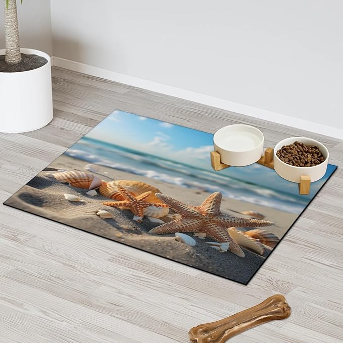 Nautical Coastal Dog Food Mat for Floors Absorbent, Quick Dry Water Dispenser Mat for Food, Water, Pet Supplies 17" x 30", Starfish Seashell