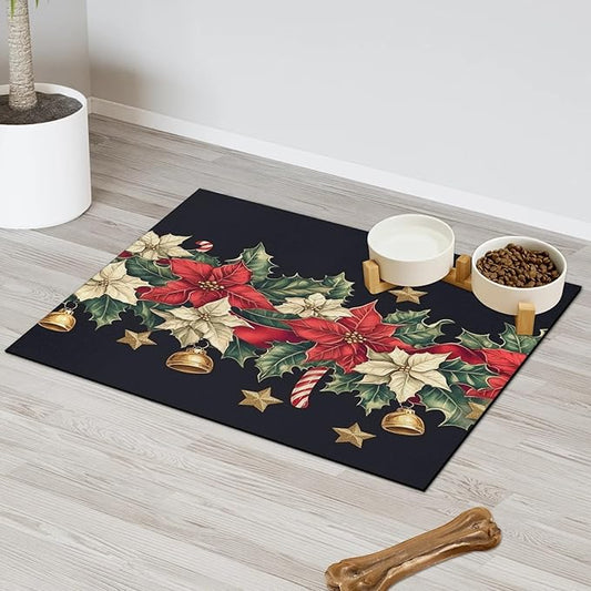Red Poinsettia Dog Food Mat for Floors Absorbent, Quick Dry Water Dispenser Mat for Food, Water, Pet Supplies 24" x 32", Bell Star