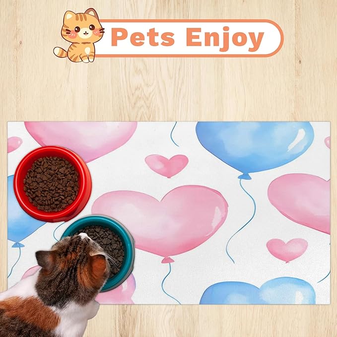 Valentine’s Day Dog Food Mat for Floors Absorbent, Quick Dry Water Dispenser Mat for Food, Water, Pet Supplies 17" x 30", Love Heart Balloons