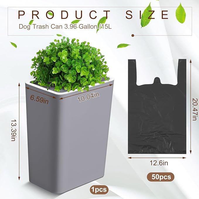 Dog Poop Trash Can Outside 3.96 Gal/15 L Plant Styled Dog Waste Trash Can with Lid 50 Pcs Plastic Waste Bags Outdoor Indoor Poop Container Slim Garbage Bin for Yard Garden Pet (Gray)