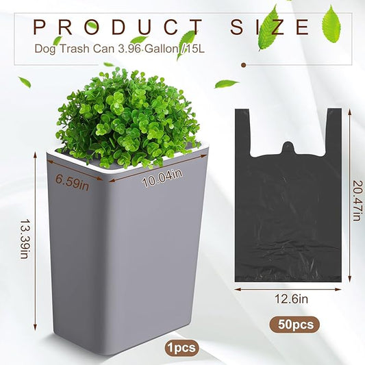Dog Poop Trash Can Outside 3.96 Gal/15 L Plant Styled Dog Waste Trash Can with Lid 50 Pcs Plastic Waste Bags Outdoor Indoor Poop Container Slim Garbage Bin for Yard Garden Pet (Gray)