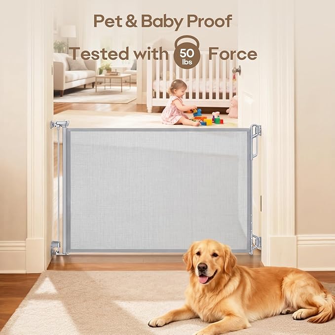 Retractable Safety Baby Gate or Mesh Dog Gate,Durable Portable Mesh Retractable Gate,Easy to Use for Stairs, Doorways, Hallways, Indoor, Outdoor, 33.5" Tall, Up to 45" Wide, Gray