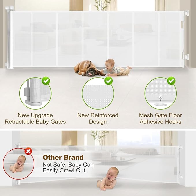 100 inch Retractable Baby Gates 42 inch Tall, Retractable Gate with Reinforced Strip Design to Prevent Crawling Through, 8 FT Extra Wide Retractable Dog Gate for Indoor/Outdoor