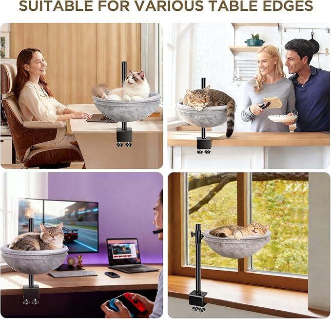 Cat Bed for Desk, Cat Desk Bed with 360° Rotating & Height Adjustable, Removable Dual-Sided Breathable & Comfortable Kitten Bed, Desk Cats Bed Attachment for Indoor Office