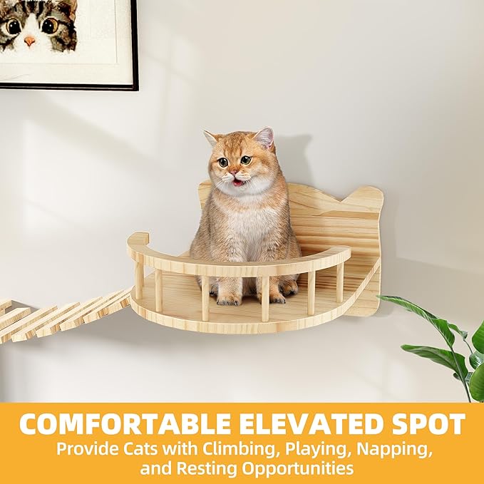 Cat Wall Shelves, 16-in-1 Solid Wood Wall-Mounted Cats Furniture Set with Scratching Post, Cat Climbing Wall Systems with 40''L Tunnel, Step, Condo, House, Bridge Ladder, Cats Shelf Furniture