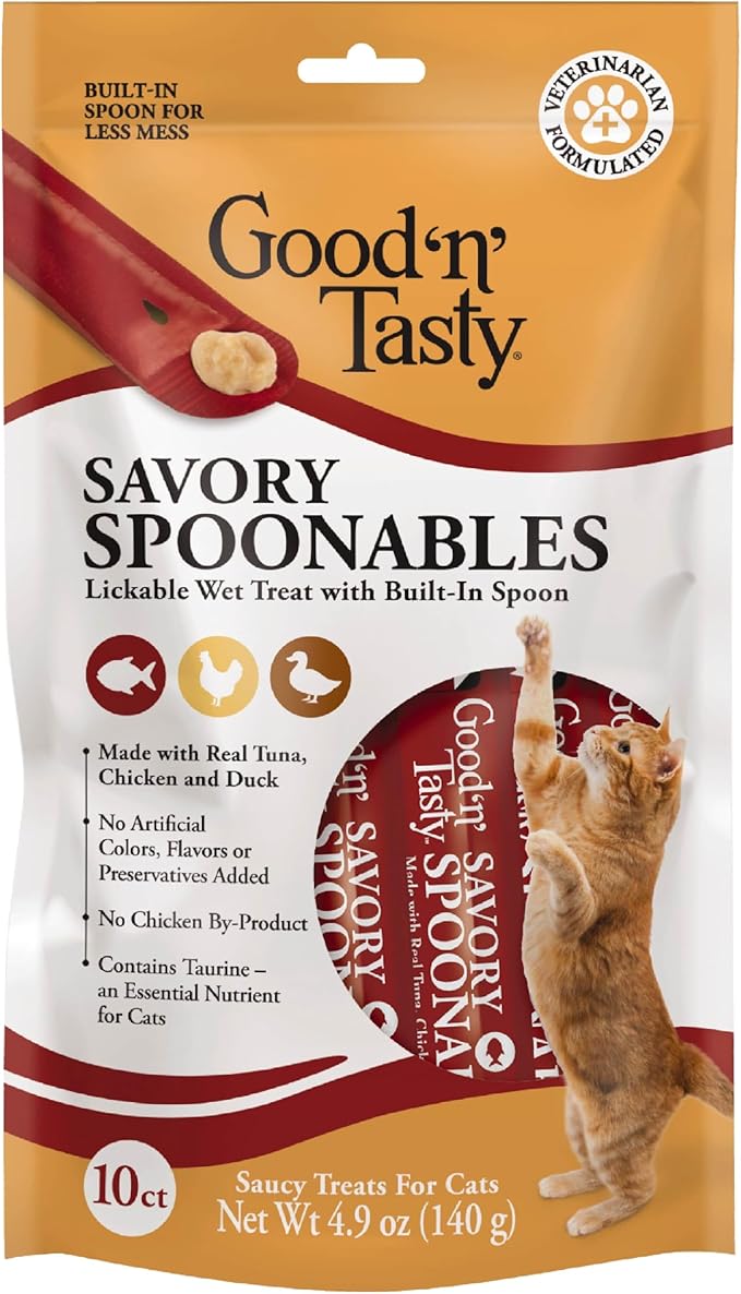 Good 'n' Tasty Savory Spoonables with Real Tuna, Chicken and Duck for Cats, 10 Count, Treat Your Cat to Triple Flavor Squeezable Lickable Wet Treats with Built-in Spoon for Less Mess