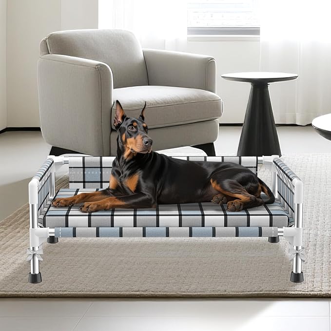 Elevated Raised Outdoor Dog Bed - Cooling Washable Dog Cot with Guardrail, Durable & Breathable Cotton Mesh Pet Hammock Beds with Stainless Steel Pipe Frame for Small Pets (Cushion-M)