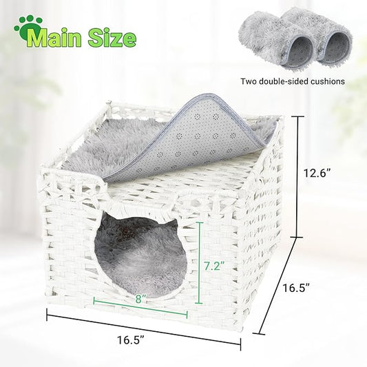 Handwoven Rattan Cat Cave w/Two Cushions, Cat Beds Indoor Kitten House, Waterproof & Foldable Pet Cube Bed, White, 16.5”L x 16.5”W x 12.6”H