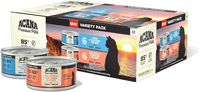 ACANA Premium Pate Wet Cat Food in Bone Broth Variety Pack: Salmon & Chicken + Tuna & Chicken Recipes 3oz Cans (12 Count, 6 of Each)