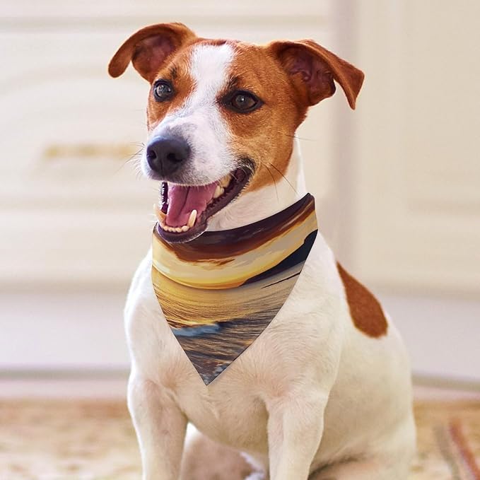 Dog Bandana Spring Pet Scarf Adjustable Triangle Seaside Sunset Printing Dog Bib Washable Polyester Puppy Bandana for Small Medium Large Dogs Cat Birthday Party Supplies