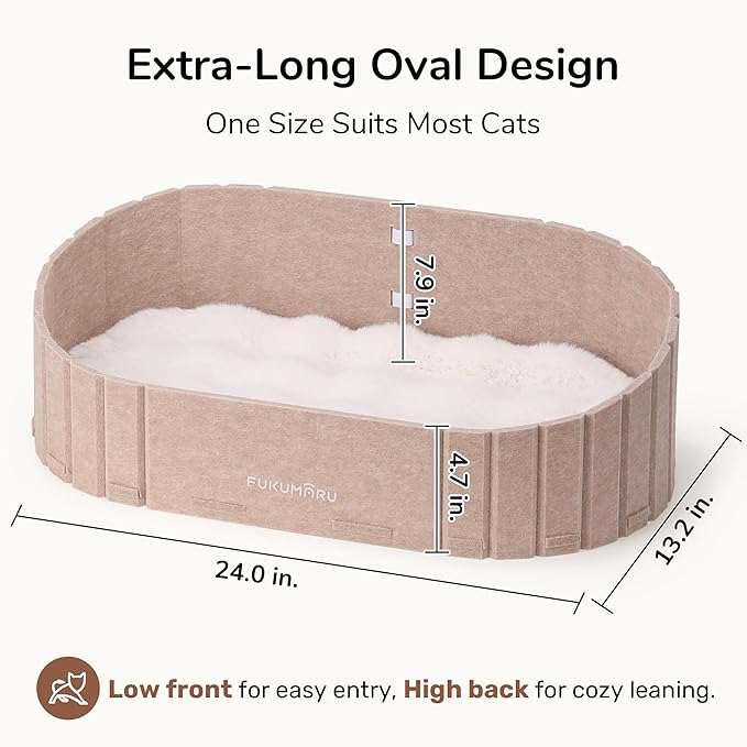 FUKUMARU Cat Beds for Indoor Cats, 24 Inch Large Cat Couch Bed with Cozy Faux Rabbit Fur Cushion, Felt Cats House Sofa in Oval Shape, Camel