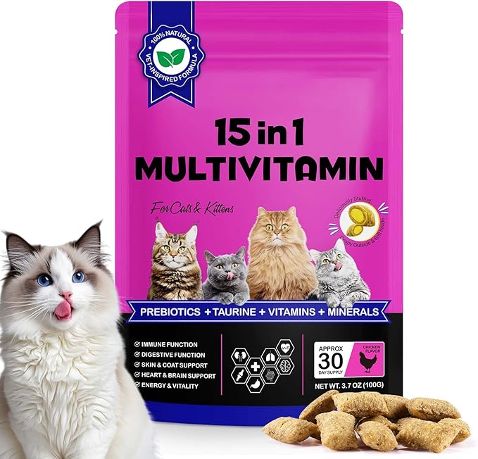 Cat 15-in-1 Multivitamin Chews,Cat Treats for Health+Immune, Joint Support,Skin & Coat, and Digestion-Omega, Taurine&Probiotics for Cats,Vitamin C+E for Cats,Chicken 100g (30-Day Supply)