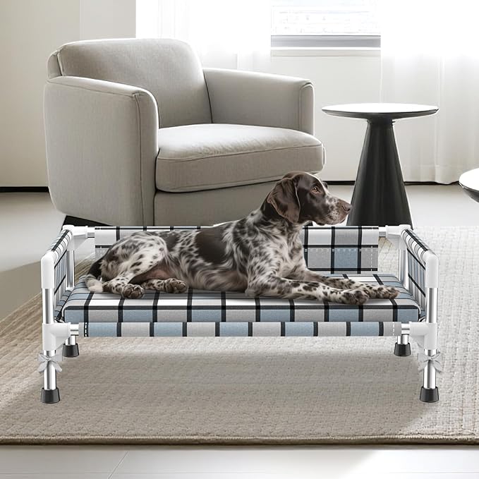 Elevated Raised Outdoor Dog Bed - Cooling Washable Dog Cot with Guardrail, Durable & Breathable Cotton Mesh Pet Hammock Beds with Stainless Steel Pipe Frame for Small Pets (Cushion-(M-))