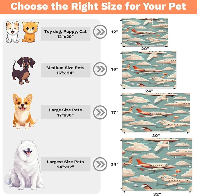 Plane Airplane Dog Food Mat for Floors Absorbent, Quick Dry Water Dispenser Mat for Food, Water, Pet Supplies 24" x 32", White Clouds