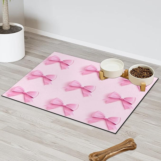 Pink Bow Dog Food Mat for Floors Absorbent, Quick Dry Water Dispenser Mat for Food, Water, Pet Supplies 16" x 24", Cute Bowknot