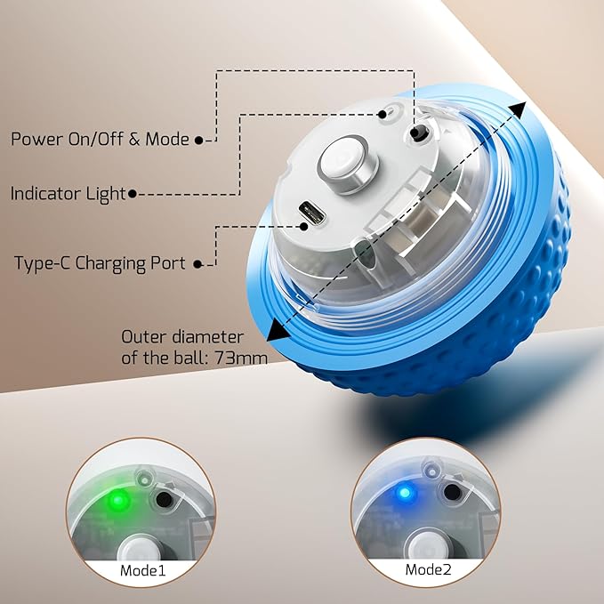 Smart Interactive Dog Balls, Durable Food-Grade Rubber Material, Automatic Moving, Bouncing, Rotating Toy with Light for Medium, Large Dogs, IPX7 Waterproof (Blue)
