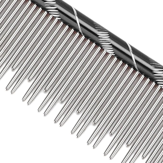 Pet Hair Removal Comb, Stainless Steel Cat Grooming Tool with Dual - Density Teeth, Open Knot Detangling Comb for Long and Short Haired Cats, Ergonomic Non - Slip Handle (Black)
