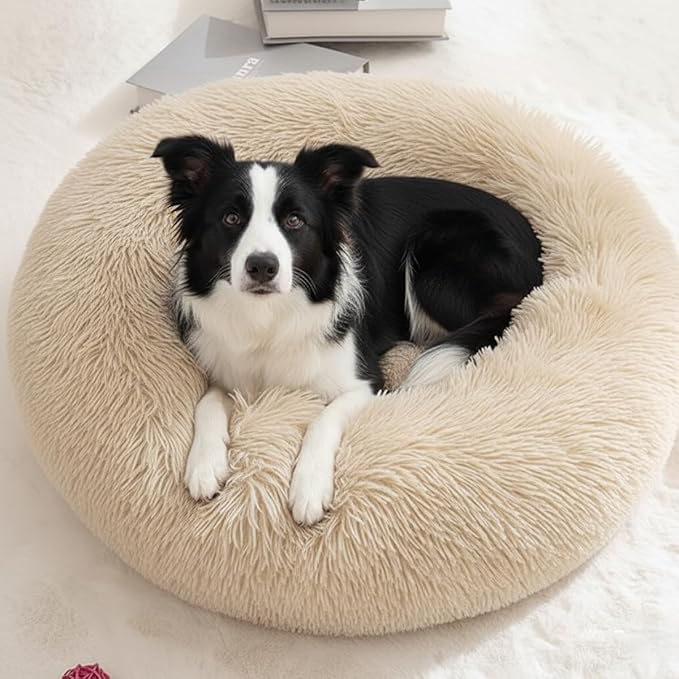 Hezotco Dog Bed for Indoor Cats & Dogs, Washable Soft Fluff Round Dog & Cat Bed for Small Dogs. 31.5 inches Pet Bed for Puppy，Fits up to 55 lbs Pets，Light Brown