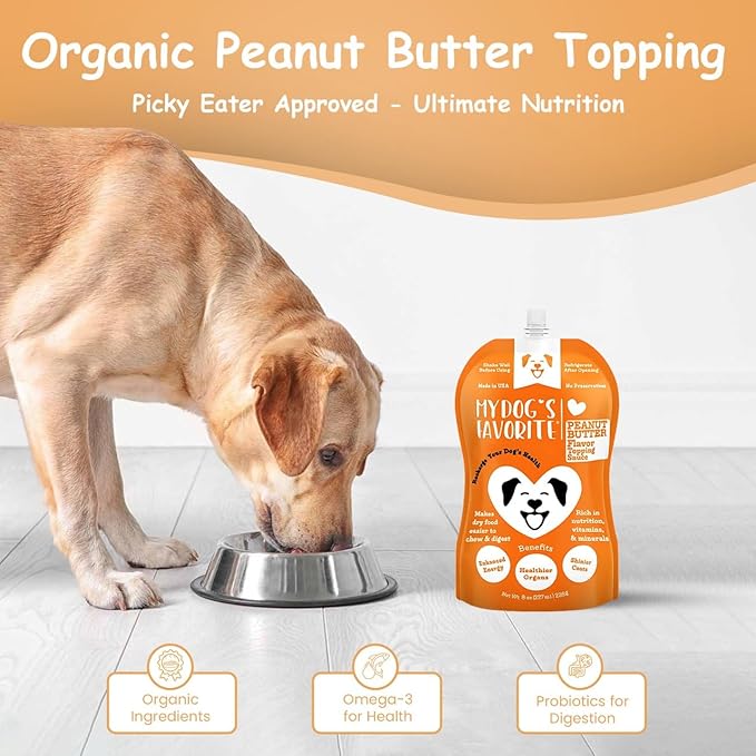 My Dog's Favorite Organic Dog Food Topper - Peanut Butter Food Topper Nutrient-Rich Meal Enhancer Omega-3 Vitamin E - Healthy Dog Wet Food for Skin Digestion - Ideal for Picky Eaters & Dry Food (8oz)
