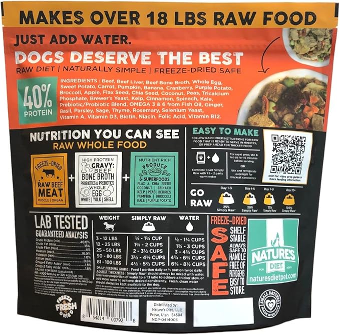 Nature's Diet Simply Raw Freeze-Dried Whole Food Meal - Makes 18 Lbs Fresh Food with Muscle, Organ, Bone Broth, Whole Egg, Superfoods, Fish Oil Omega 3, 6, 9, Probiotics & Prebiotics (Beef)