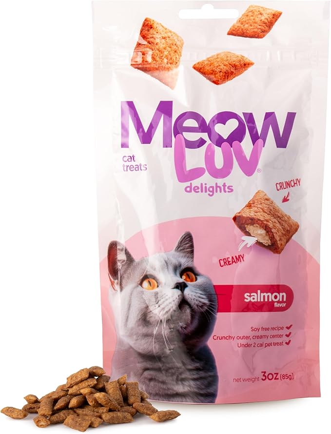 Ultra Chewy Meow Luv Delights Crunchy Cat Treats with Creamy Center - Salmon Flavor - Premium Cat Snacks - Soy-Free Recipe - Healthy Treats for Indoor Cats - 8 Pack