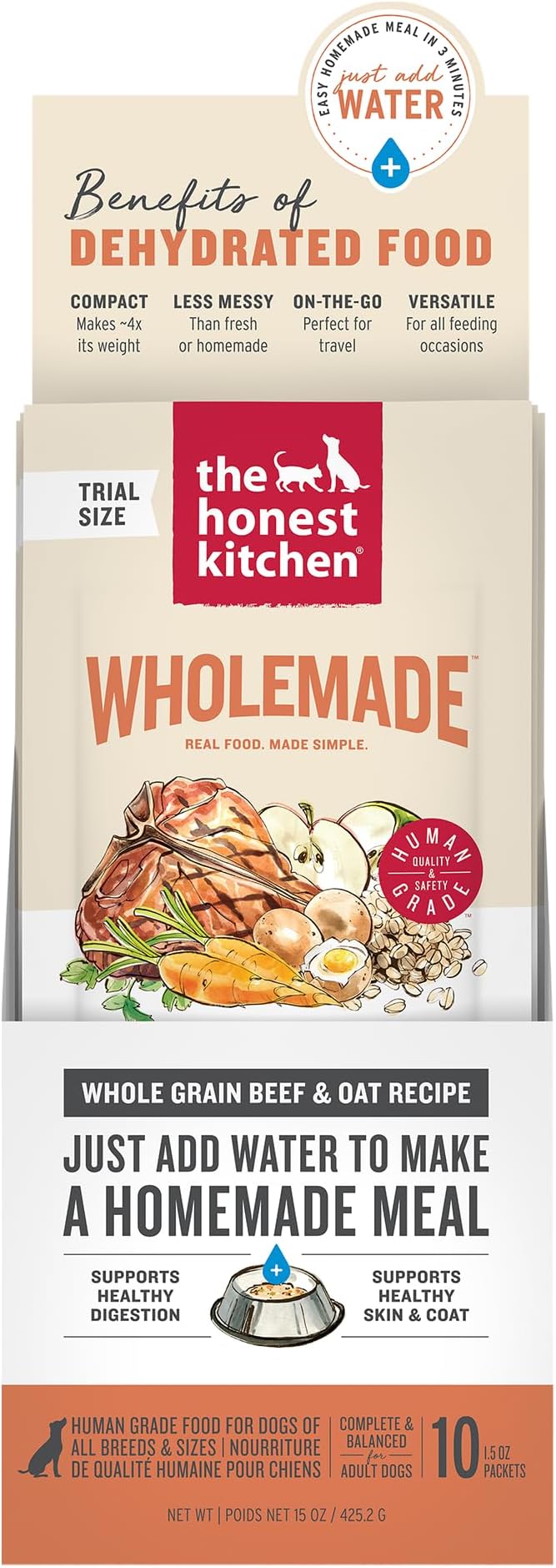 The Honest Kitchen Human Grade Wholemade™ Dehydrated Whole Grain Beef & Oat Dog Food, 1.5 oz x10